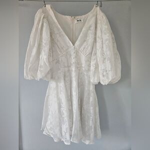 Showpo Jacquard White Puff Sleeve Mini Dress